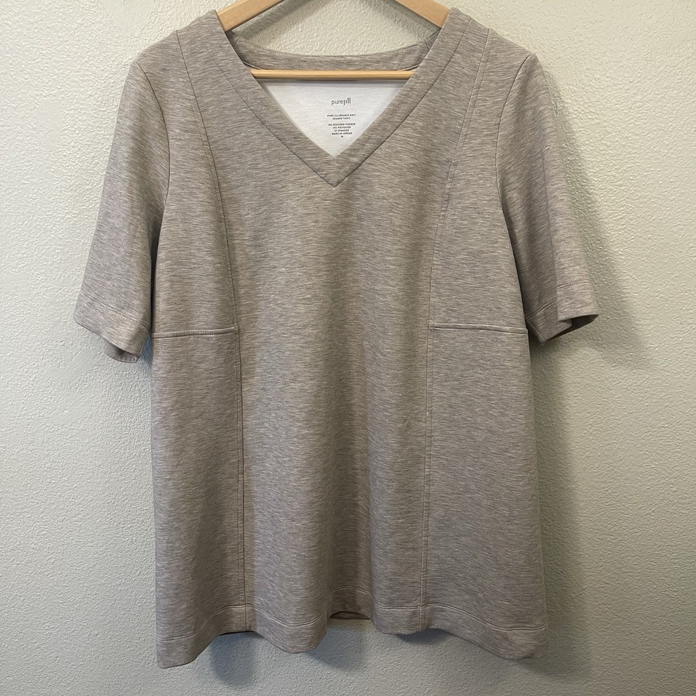Pure Jill Double Knit Seamed Tunic Short Sleeve Taupe Soft Minimalist Sz M EUC